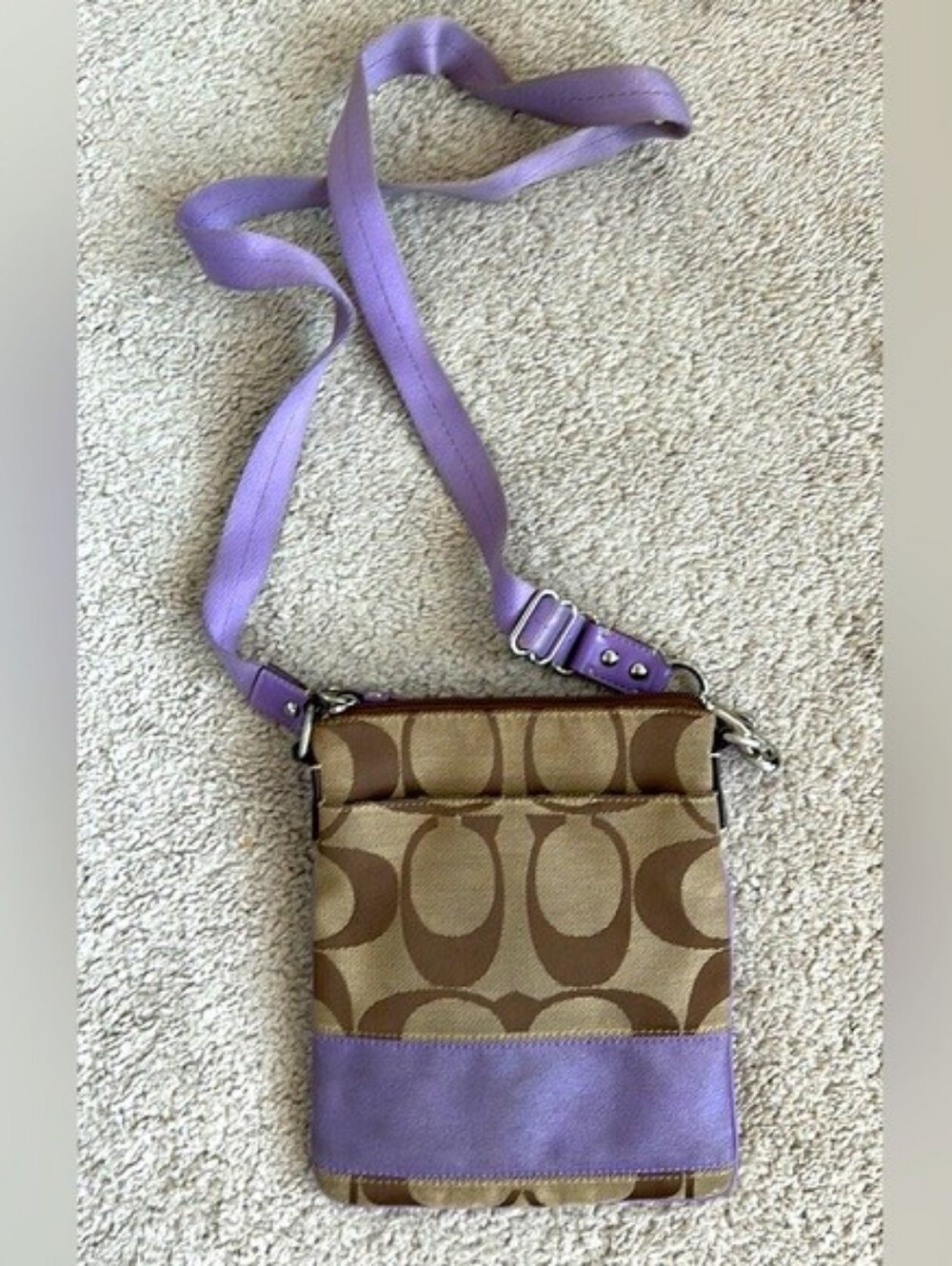 Coach Tan Signature Crossbody with Lavender Strap and Trim